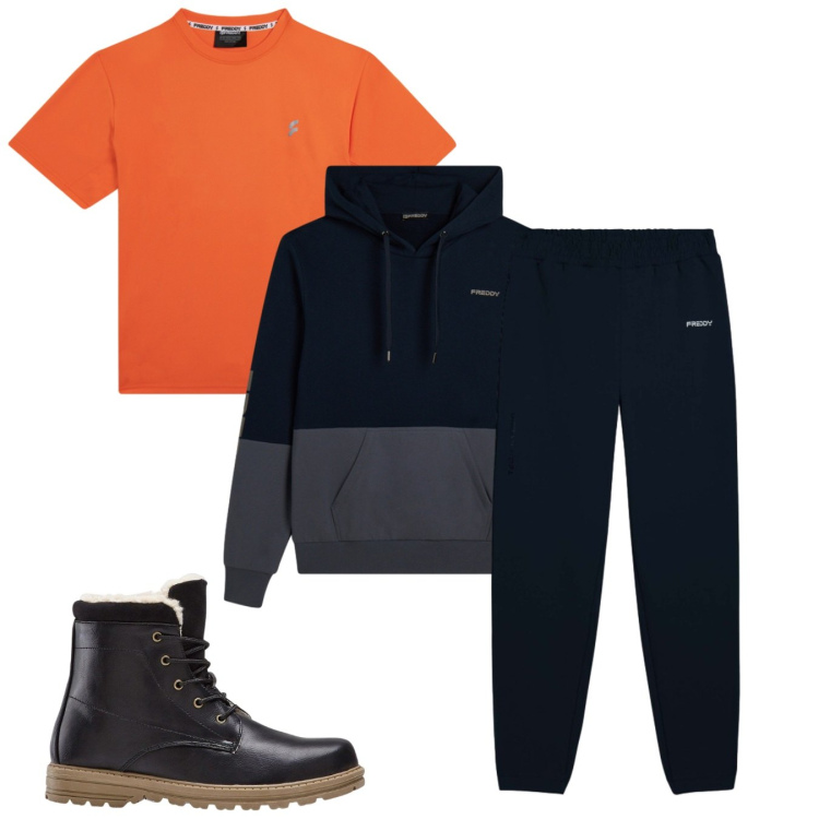 Outfit uomo - Total look #2496273. Stile Casual per Tutti i giorni. Abbinamento con felpe con cappuccio, pantaloni, t-shirt, stivali e stivaletti.