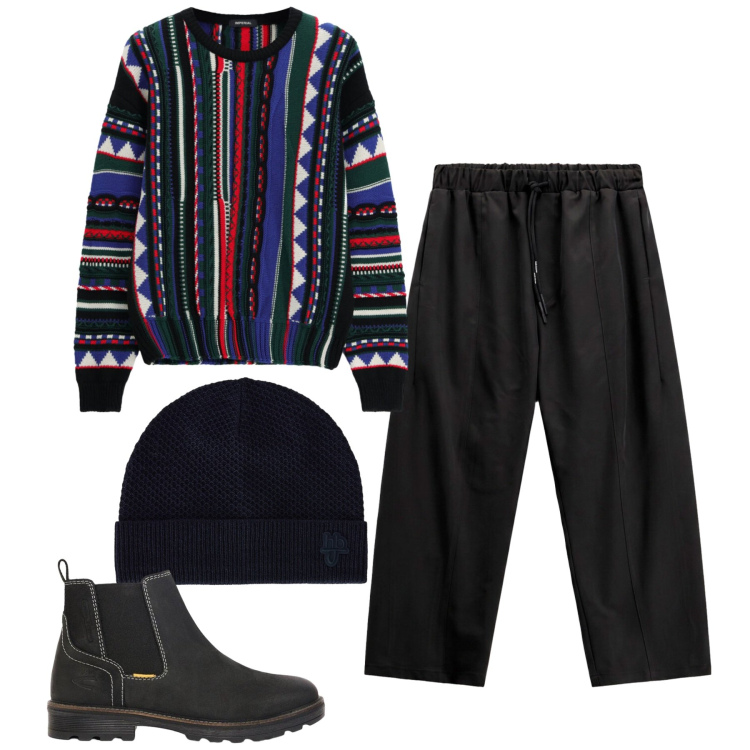 Outfit uomo - Total look #2496274. Stile Urban per Tutti i giorni. Abbinamento con berretti, maglieria, pantaloni, stivali e stivaletti.