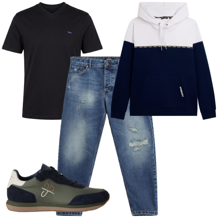 Outfit uomo - Total look #2496277. Stile Casual per Tutti i giorni. Abbinamento con t-shirt, sneakers, jeans strappati, felpe con cappuccio.