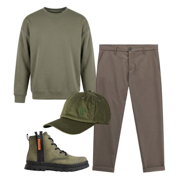 Outfit uomo - Total look #2496288. Stile Casual per Tutti i giorni. Abbinamento con cappelli con visiera, pantaloni, felpe, stivali e stivaletti.