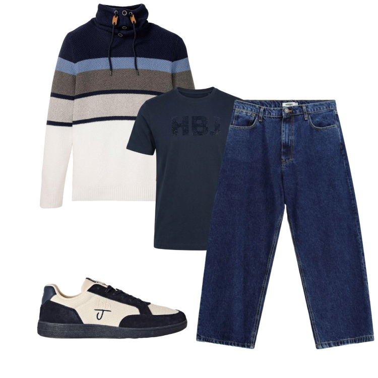 Outfit uomo - Total look #2496291. Stile Casual per Tutti i giorni. Abbinamento con sneakers, t-shirt, jeans, maglieria.