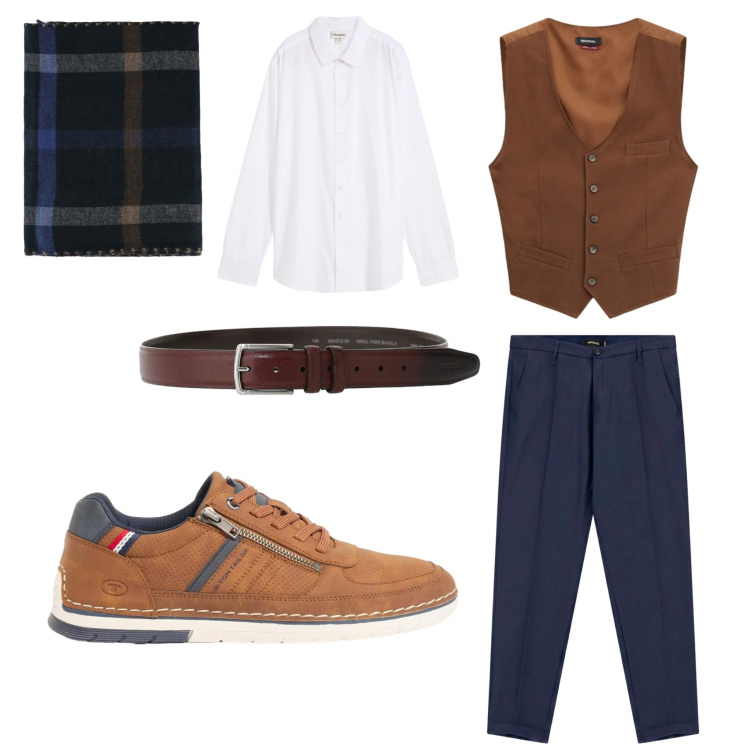 Outfit uomo - Cammello e blu. Stile Trendy Abbinamento con cinture, sciarpe, pantaloni, gilet, sneakers, camicie.