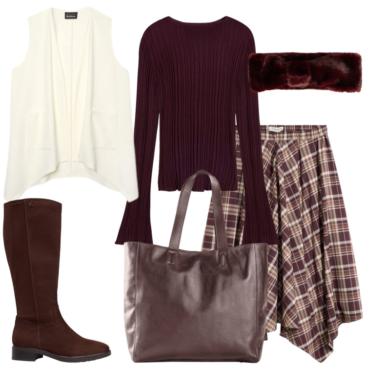 Outfit donna - Total look #2496303. Stile Boho per Tutti i giorni. Abbinamento con gilet, accessori per capelli, gonne, t-shirt, stivali, shopping bag.