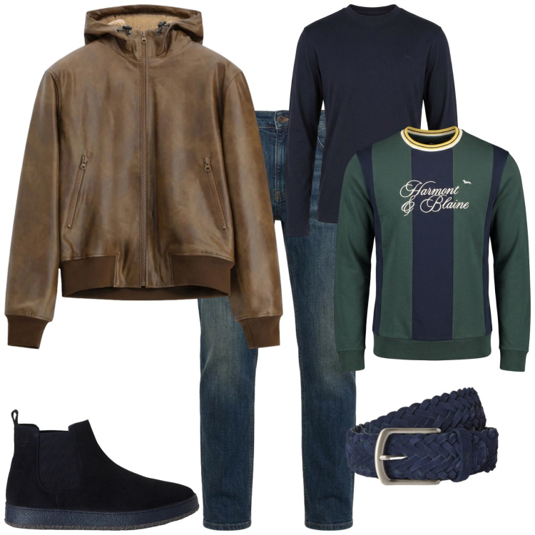 Outfit uomo - Il mio tempo libero. Stile Urban per Tutti i giorni. Abbinamento con felpe, stivali e stivaletti, t-shirt, cinture, jeans, bomber.