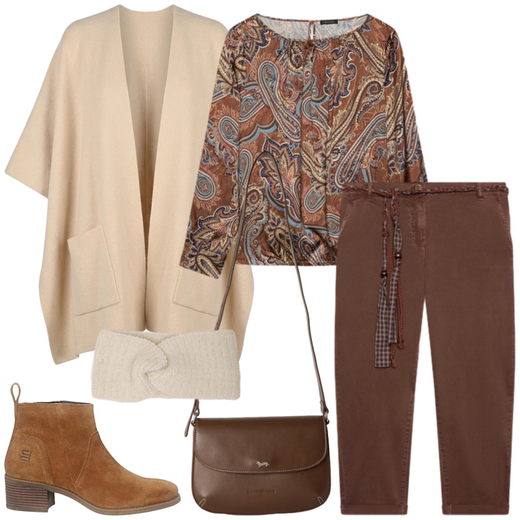 Outfit donna - Total look #2496311. Stile Boho per Tutti i giorni. Abbinamento con borse a tracolla, pantaloni chino, bluse, cappe, accessori per capelli, stivaletti.