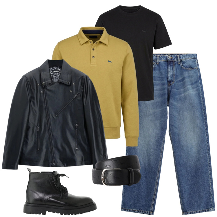 Outfit uomo - Urban tempo libero. Stile Urban per Tutti i giorni. Abbinamento con cinture, felpe, t-shirt, jeans, anfibi, giacche.