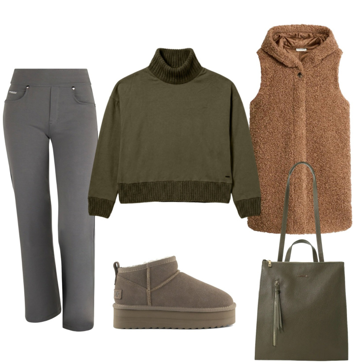 Outfit donna - A passeggio con il cane. Stile Casual per Tutti i giorni. Abbinamento con borse a tracolla, pantaloni, felpe, stivaletti, gilet.
