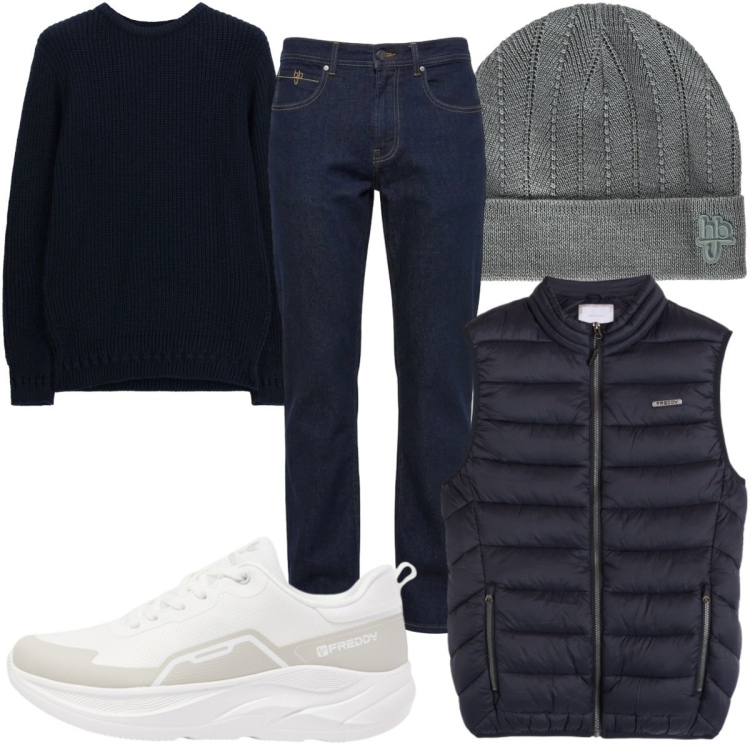 Outfit uomo - Total look #2496315. Stile Casual per Tutti i giorni. Abbinamento con jeans, berretti, maglieria, sneakers, piumini.