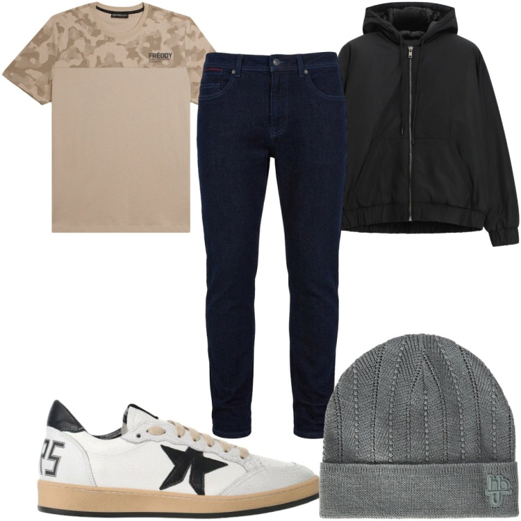 Outfit uomo - Total look #2496316. Stile Casual per Tutti i giorni. Abbinamento con jeans slim fit, berretti, sneakers, bomber, t-shirt.
