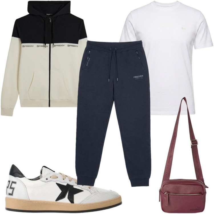 Outfit uomo - Total look #2496318. Stile Casual per Tutti i giorni. Abbinamento con borse sportive, t-shirt, sneakers, felpe con cappuccio, pantaloni.