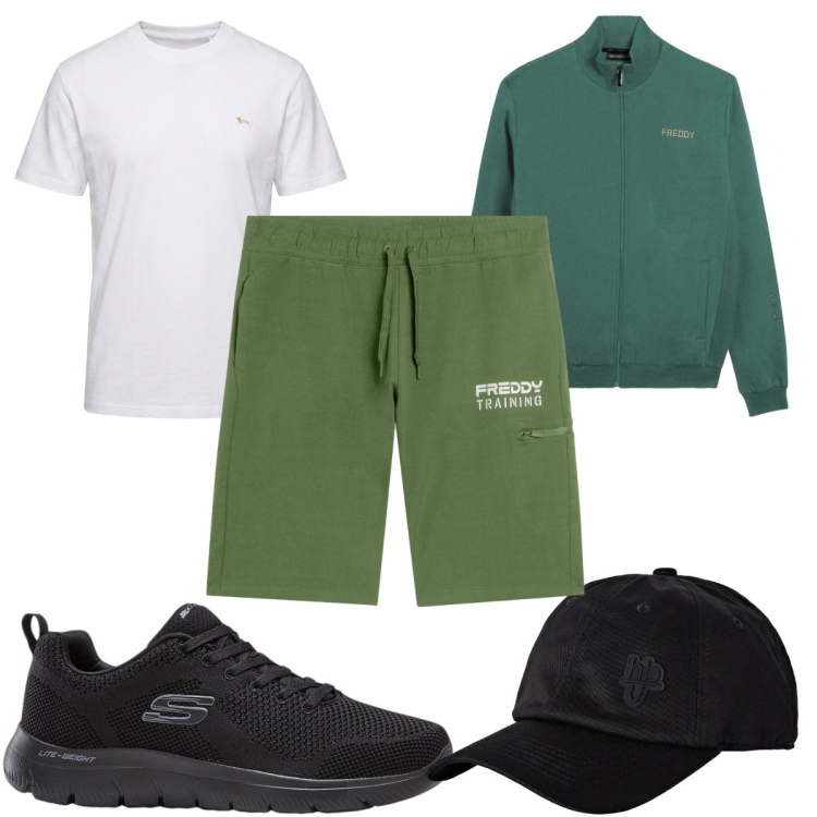 Outfit uomo - Total look #2496319. Stile Casual per Tutti i giorni. Abbinamento con t-shirt, cappelli con visiera, felpe, bermuda, sneakers.