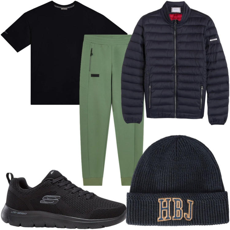 Outfit uomo - Total look #2496320. Stile Trendy per Sport. Abbinamento con berretti, piumini, t-shirt, pantaloni, sneakers.