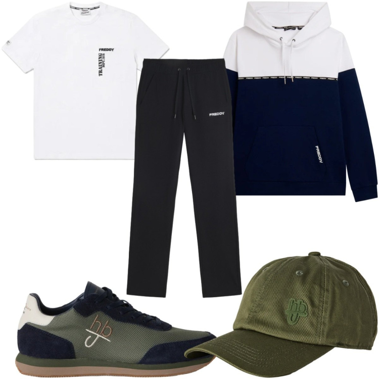 Outfit uomo - Total look #2496321. Stile Casual per Tutti i giorni. Abbinamento con cappelli con visiera, sneakers, felpe con cappuccio, t-shirt, pantaloni sportivi.