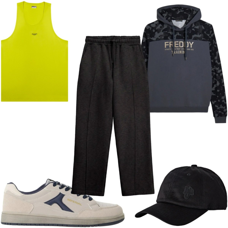 Outfit uomo - Total look #2496325. Stile Casual per Sport. Abbinamento con cappelli con visiera, pantaloni, sneakers, felpe con cappuccio, canottiere.