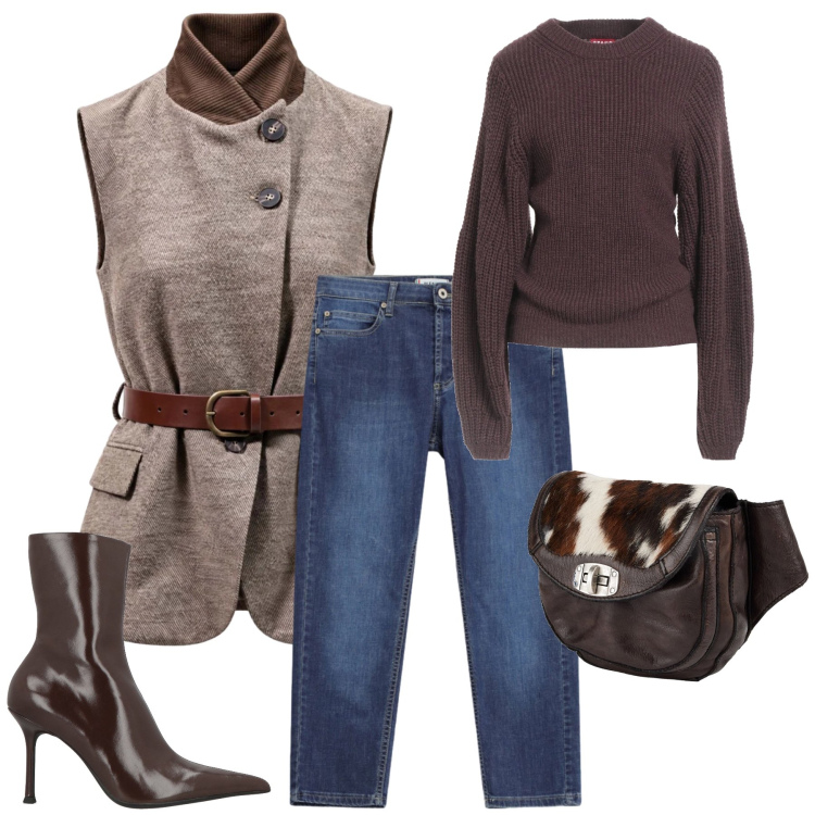 Outfit donna - Jeans Outfit Ideas. Stile Casual chic per Tutti i giorni. Abbinamento con gilet, jeans dritti, stivaletti, pullovers, marsupi.