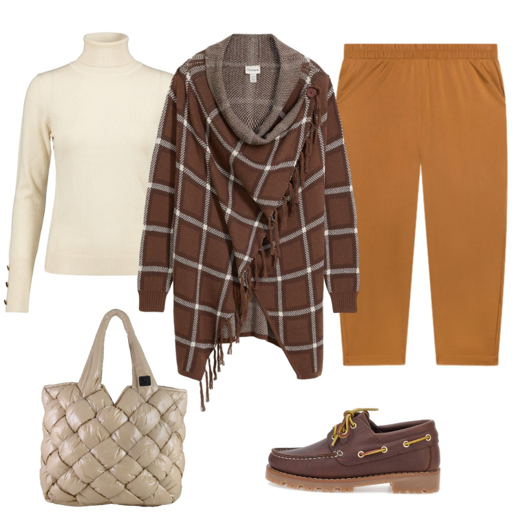Outfit donna - Comodo Brunch. Stile Basic per Tutti i giorni. Abbinamento con pantaloni, borse tote, pullovers, mocassini, cardigans.