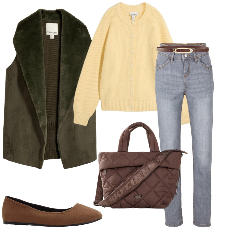Outfit donna - Outfit Ideas. Stile Casual chic per Tutti i giorni. Abbinamento con jeans slim fit, cardigans, piumini, ballerine, borse tote, cinture.