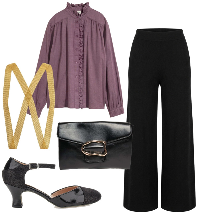 Outfit donna - Aperitivo glam - Focus Donna Curvy. Stile Casual chic per Serata fuori. Abbinamento con clutch, pantaloni a palazzo, collane, décolleté, bluse.