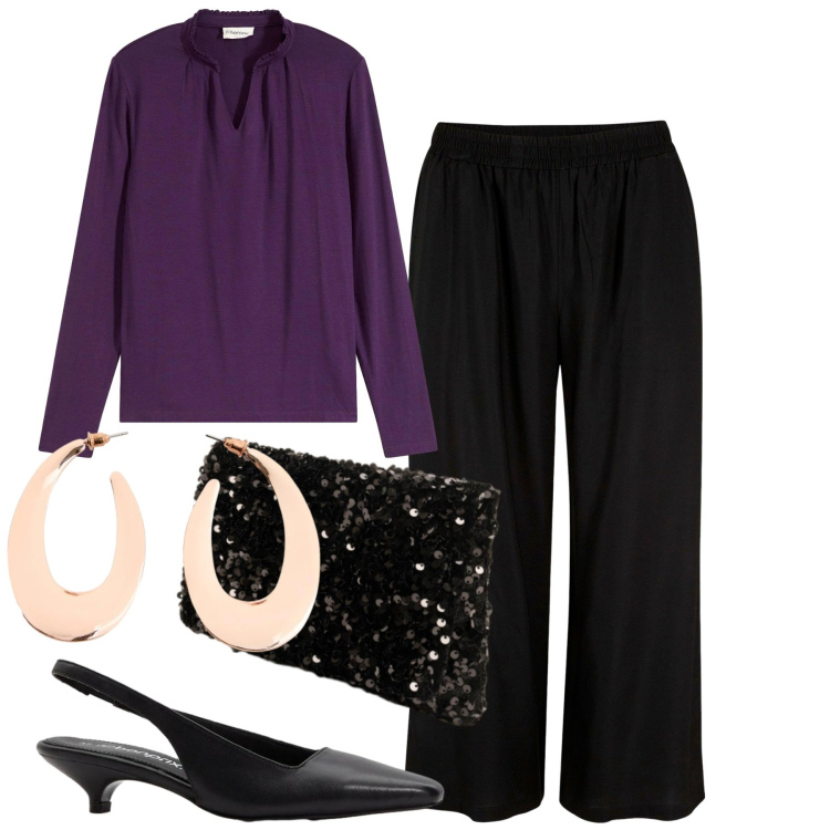 Outfit donna - Aperitivo glam - Focus Donna Curvy. Stile Casual chic per Serata fuori. Abbinamento con pochette, bluse, pantaloni capri, décolleté, orecchini.