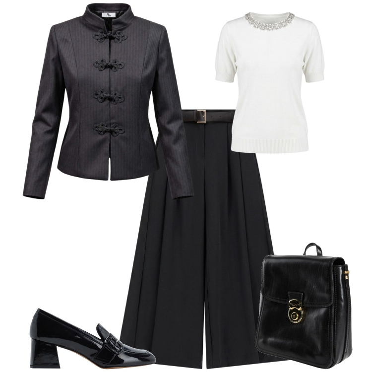 Outfit donna - Minimal chic in ufficio. Stile Minimal per Ufficio. Abbinamento con blazer, pantaloni a palazzo, t-shirt, mocassini, zaini.