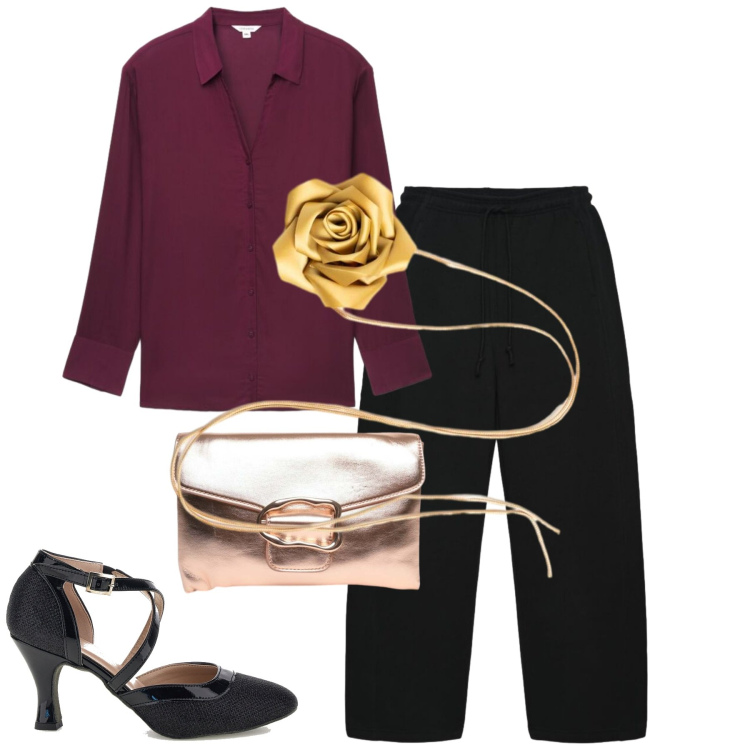 Outfit donna - Aperitivo glam - Focus Donna Curvy. Stile Casual chic per Serata fuori. Abbinamento con collane, clutch, camicie, pantaloni, décolleté.