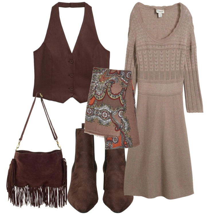 Outfit donna - Stile Boho Chic autunnale - Focus Donna. Stile Boho per Tutti i giorni. Abbinamento con stivaletti, gilet, vestiti, foulard, borse a tracolla.