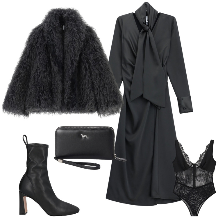 Outfit donna - Chic ufficio serata evento. Stile Chic per Serata fuori. Abbinamento con portafogli, body, vestiti lunghi, blazer, stivaletti.
