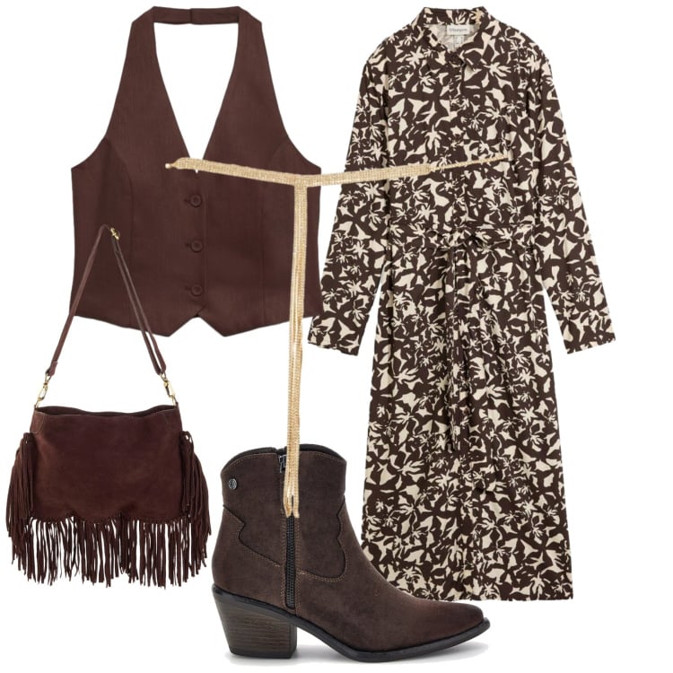 Outfit donna - Stile Boho Chic autunnale - Focus Donna. Stile Boho per Tutti i giorni. Abbinamento con collane, gilet, vestiti chemisier, borse a tracolla, stivaletti texani.