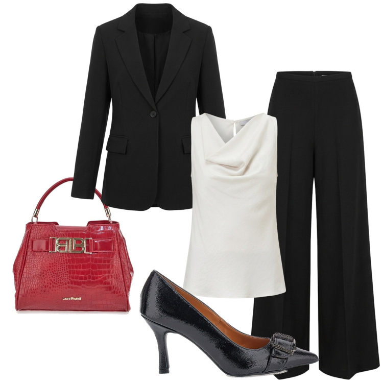 Outfit donna - Pop of Red - FDCI. Stile Bon Ton per Ufficio. Abbinamento con canottiere, pantaloni a palazzo, blazer, décolleté, borse a mano.