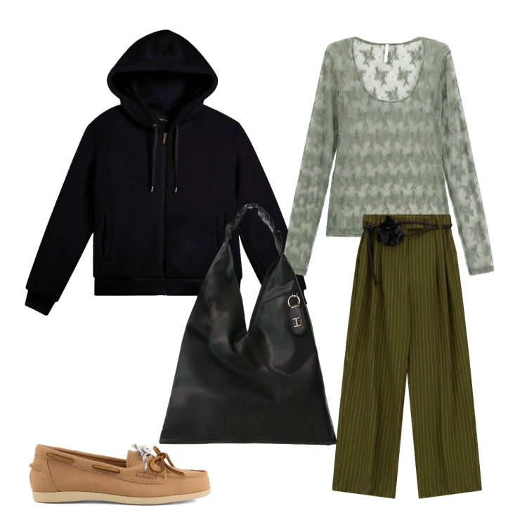 Outfit donna - Giacca nera. Stile Sporty chic per Tutti i giorni. Abbinamento con borse a spalla, top, pantaloni a palazzo, bomber, mocassini.
