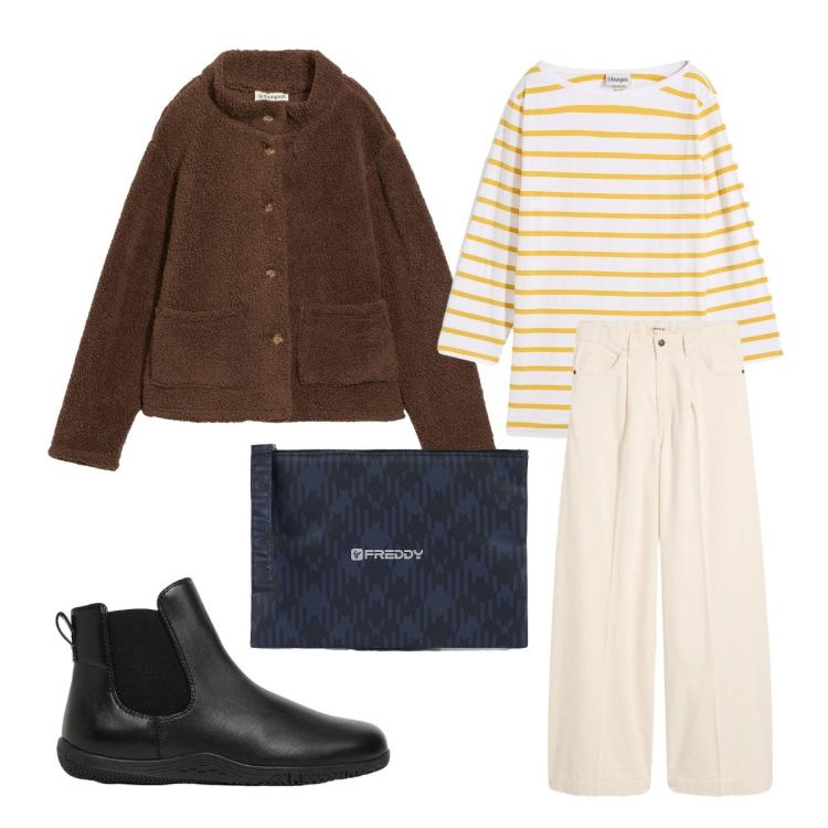 Outfit donna - Total look Bonprix. Stile Urban per Ufficio. Abbinamento con clutch, caban, jeans, stivaletti, maglieria.