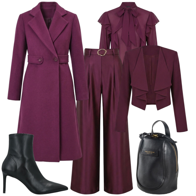 Outfit donna - Chic ufficio serata evento speciale. Stile Chic per Ufficio. Abbinamento con pantaloni a palazzo, blazer, bluse, cappotti, zaini, stivaletti.