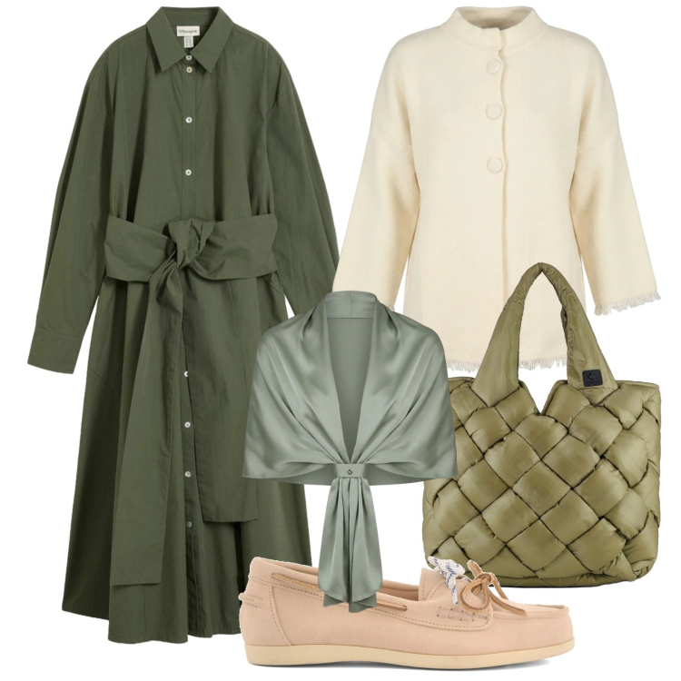 Outfit donna - Sunday Brunch in città - Focus Donna Cur. Stile Casual chic per Tutti i giorni. Abbinamento con stole, borse tote, cardigans, mocassini, vestiti chemisier.