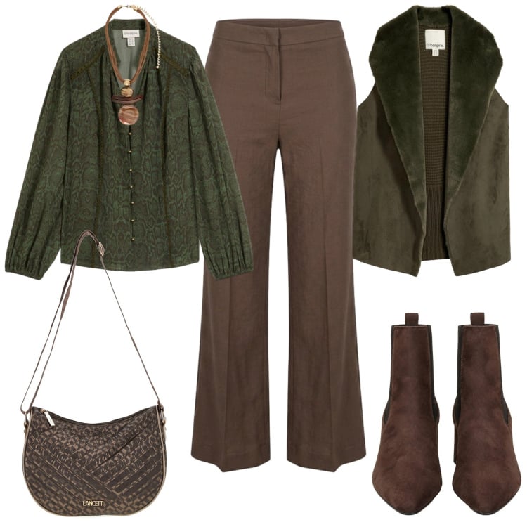 Outfit donna - Il gilet dallo stile bohemien. Stile Boho per Ufficio. Abbinamento con ciondoli, pantaloni, stivaletti, piumini, bluse, borse a tracolla.
