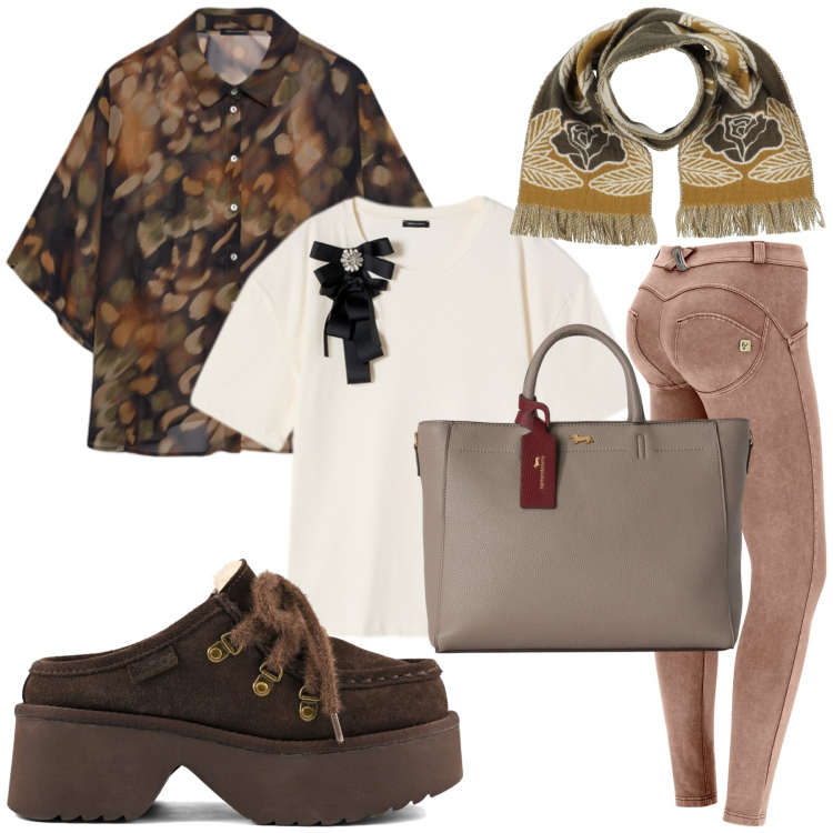 Outfit donna - Originale autunno. Stile Casual per Tutti i giorni. Abbinamento con borse a mano, camicie a manica corta, t-shirt, pantaloni skinny, sciarpe, sabot.
