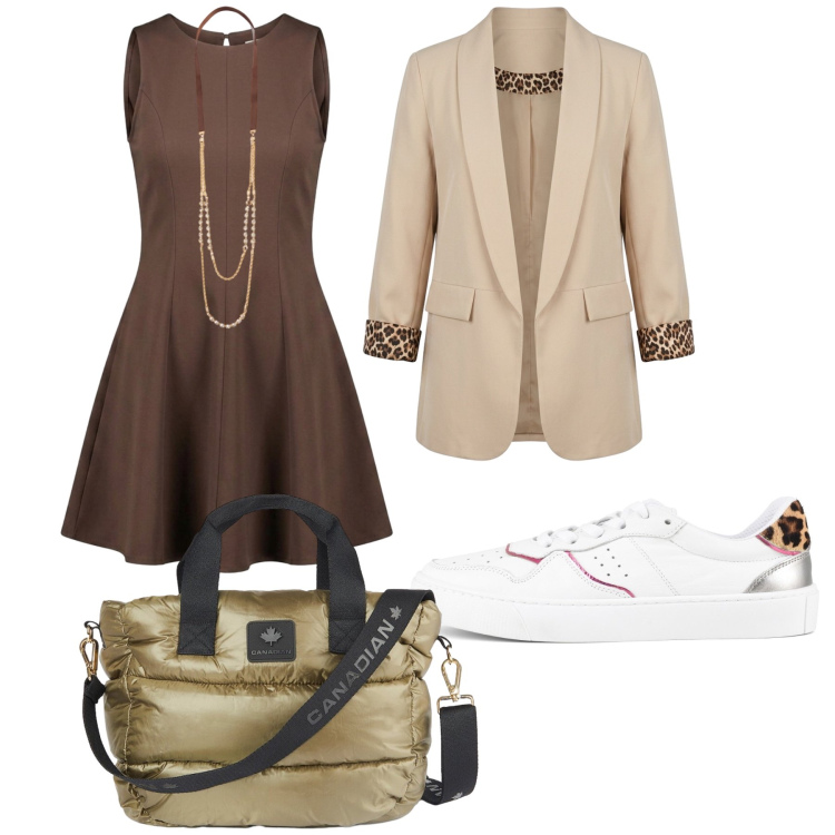 Outfit donna - Total look #2496360. Stile Boho per Tutti i giorni. Abbinamento con collane, borse tote, vestiti senza maniche, blazer, sneakers.