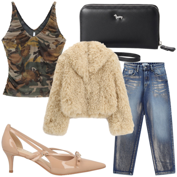 Outfit donna - Audace. Stile Casual per Tutti i giorni. Abbinamento con portafogli, top, ecopellicce, jeans, décolleté.
