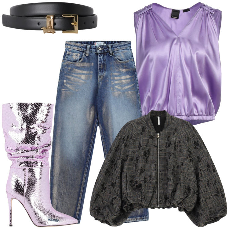 Outfit donna - Da un altro universo. Stile 70s per Serata fuori. Abbinamento con cinture, bomber, jeans, top, stivali.