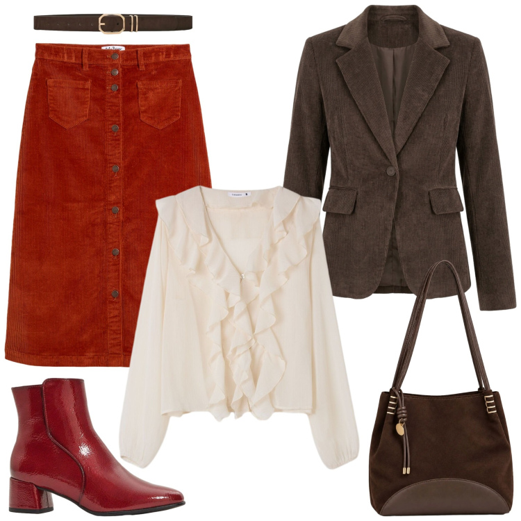 Outfit donna - La gonna e la giacca in velluto. Stile Boho per Ufficio. Abbinamento con borse a spalla, blazer, bluse, cinture, gonne longuette, stivaletti.