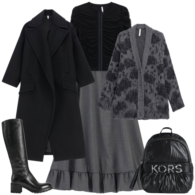 Outfit donna - È arrivato il freddo ufficio tempo liber. Stile Casual chic per Ufficio. Abbinamento con gonne longuette, cappotti, cardigans, top, zaini, stivali.