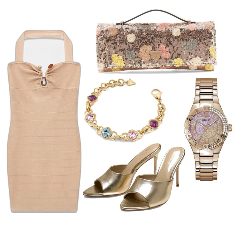 Outfit mujer - Sexy look. Estilo Sexy para Noche/Fiesta elegante. Combinación con vestidos cortos, sandalias de tacón, bolsos de mano, relojes analógicos, pulseras.