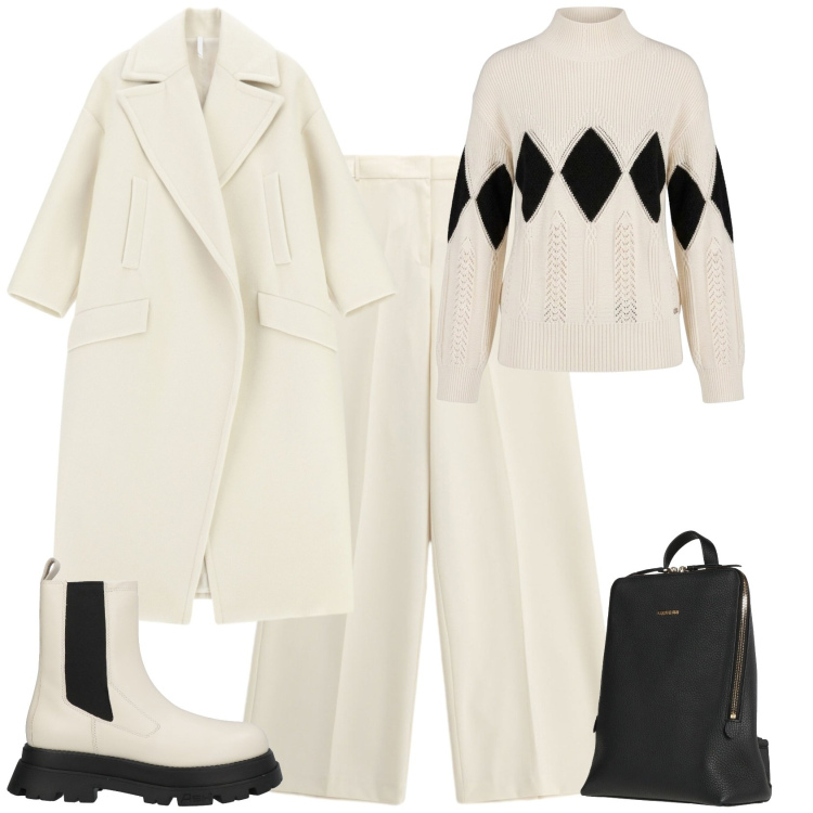 Outfit donna - Eleganza per ogni giorno. Stile Casual chic per Tutti i giorni. Abbinamento con pullovers, cappotti, pantaloni a palazzo, zaini, stivaletti chelsea.