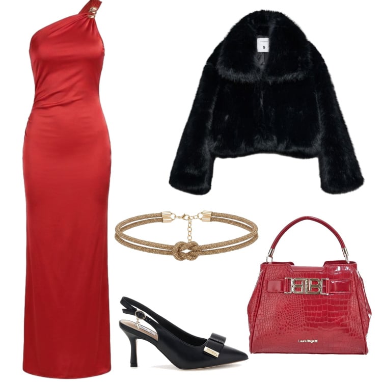 Outfit donna - Notte glamour in rosso e nero. Stile Glamour per Cerimonia. Abbinamento con vestiti lunghi, cinture, blazer, borse a mano, décolleté.