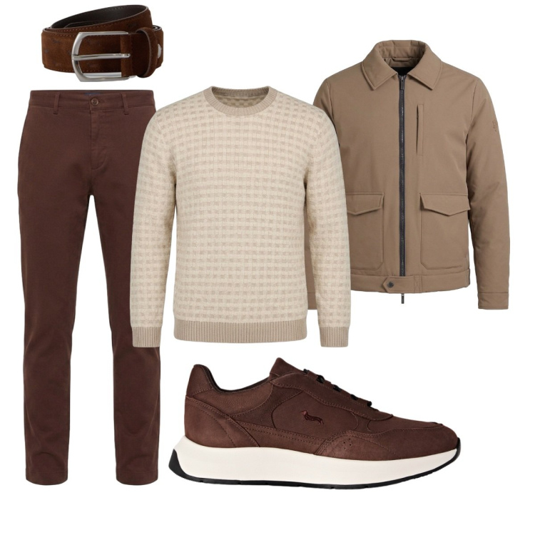 Outfit uomo - Tono su tono. Stile Trendy per Tutti i giorni. Abbinamento con cinture, sneakers, pantaloni, giacche, maglieria.
