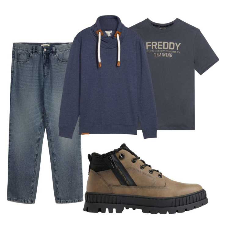 Outfit uomo - Total look #2496383. Stile Casual per Tutti i giorni. Abbinamento con t-shirt, felpe, jeans dritti, stivali e stivaletti.