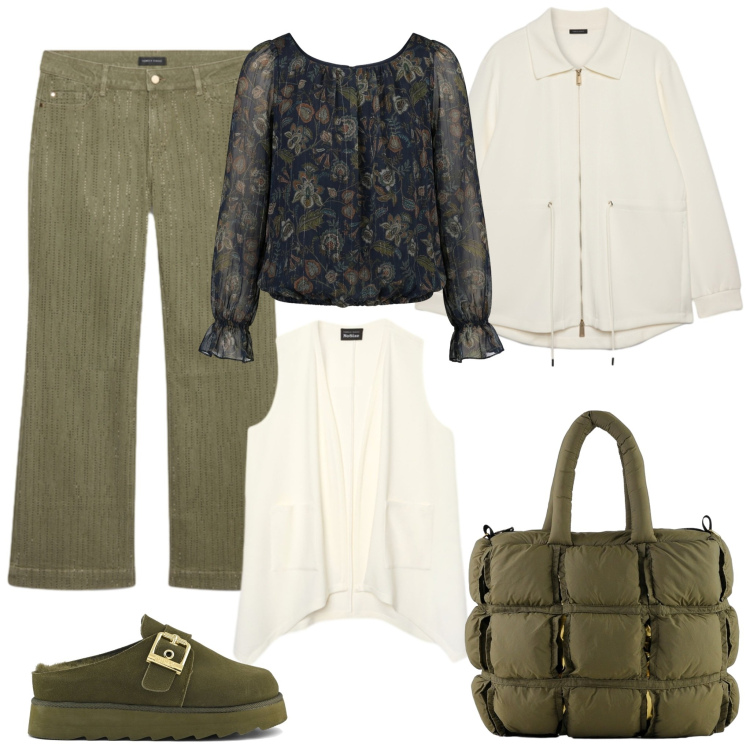Outfit donna - Domenica mattina, comfort e stile. Stile Casual chic per Tutti i giorni. Abbinamento con pantaloni, gilet, felpe, borse a mano, bluse, sabot.