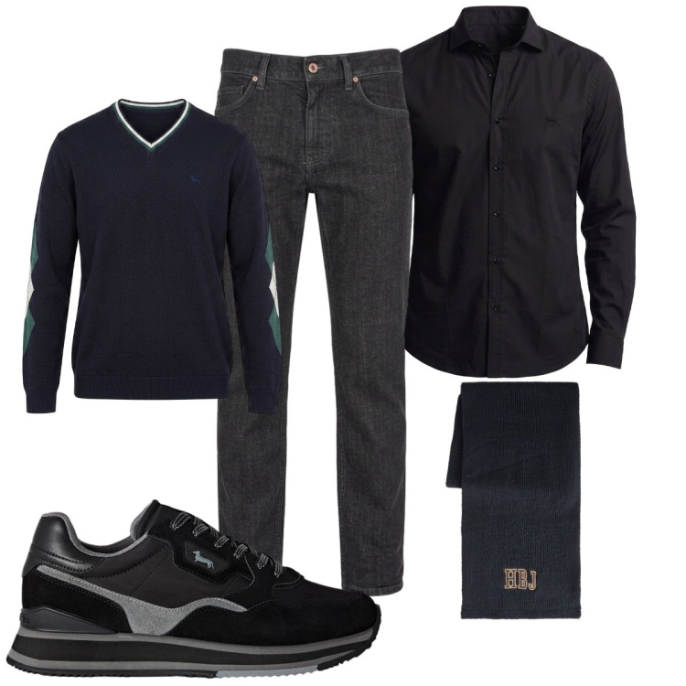 Outfit uomo - Total look #2496391. Stile Casual per Tutti i giorni. Abbinamento con sneakers, sciarpe, camicie, maglieria, jeans.