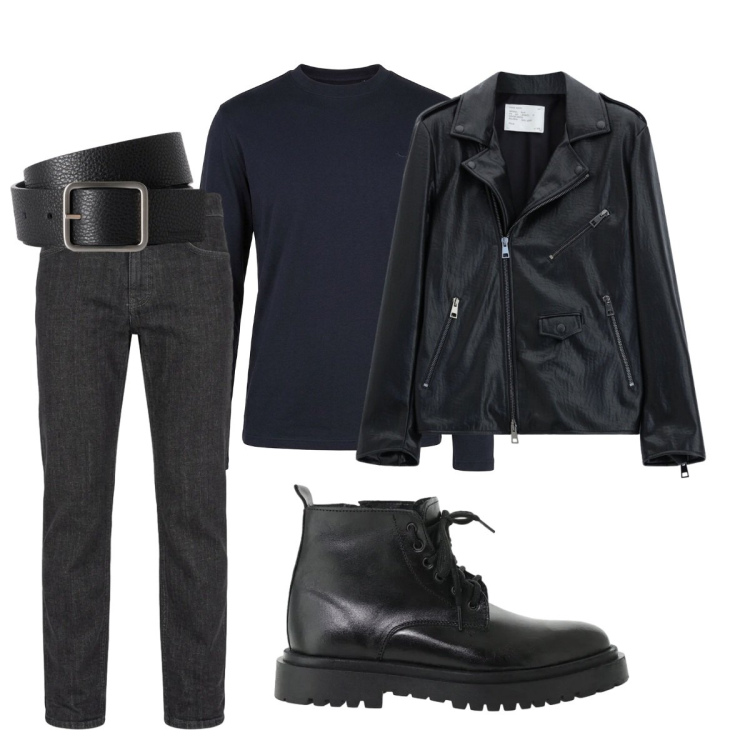 Outfit uomo - Total look #2496393. Stile Urban per Tutti i giorni. Abbinamento con cinture, jeans, t-shirt, giacche, anfibi.