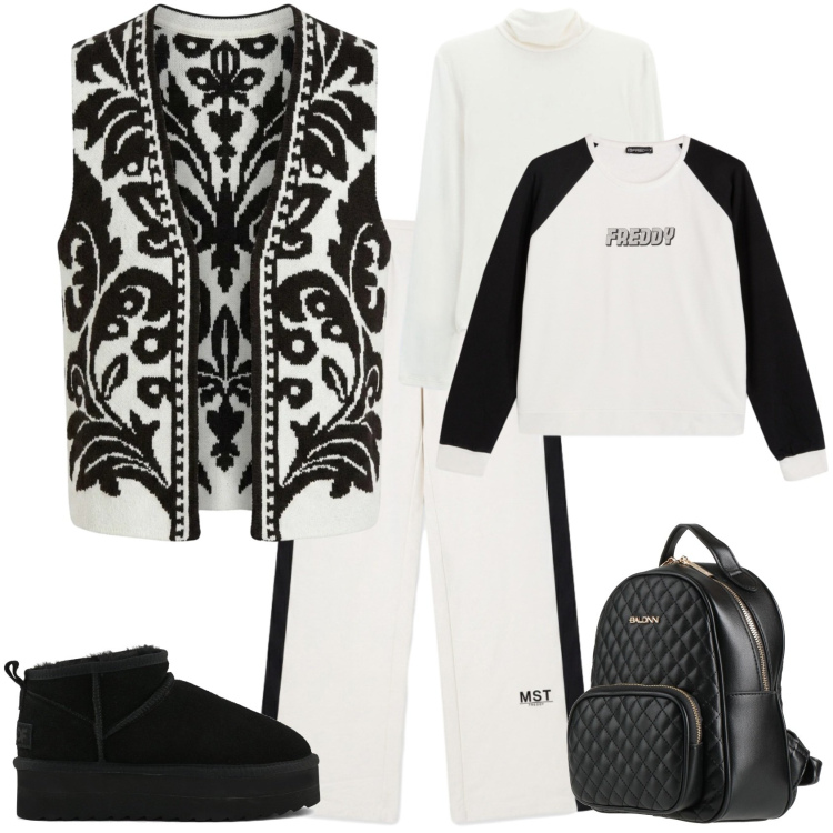 Outfit donna - Casual chic scuola tempo libero. Stile Casual chic per Scuola/Università. Abbinamento con felpe, pantaloni, t-shirt, gilet, zaini, stivaletti.