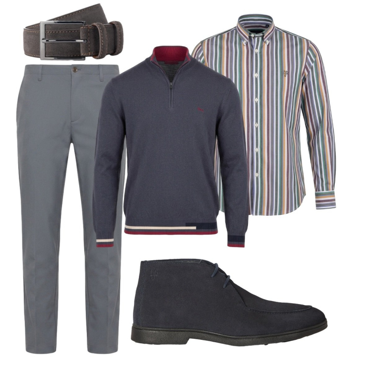 Outfit uomo - Total look #2496397. Stile Trendy per Ufficio. Abbinamento con pantaloni, camicie, stivali e stivaletti, pullovers, cinture.